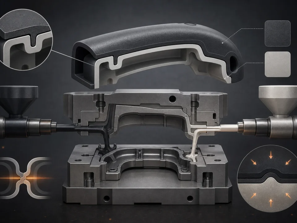 Editorial illustration of a two-material moulded component, twin feed paths and interface cutaway.