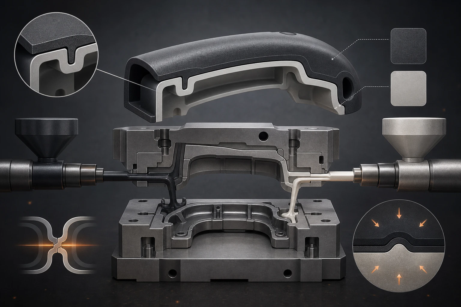 Editorial illustration of a two-material moulded component, twin feed paths and interface cutaway.