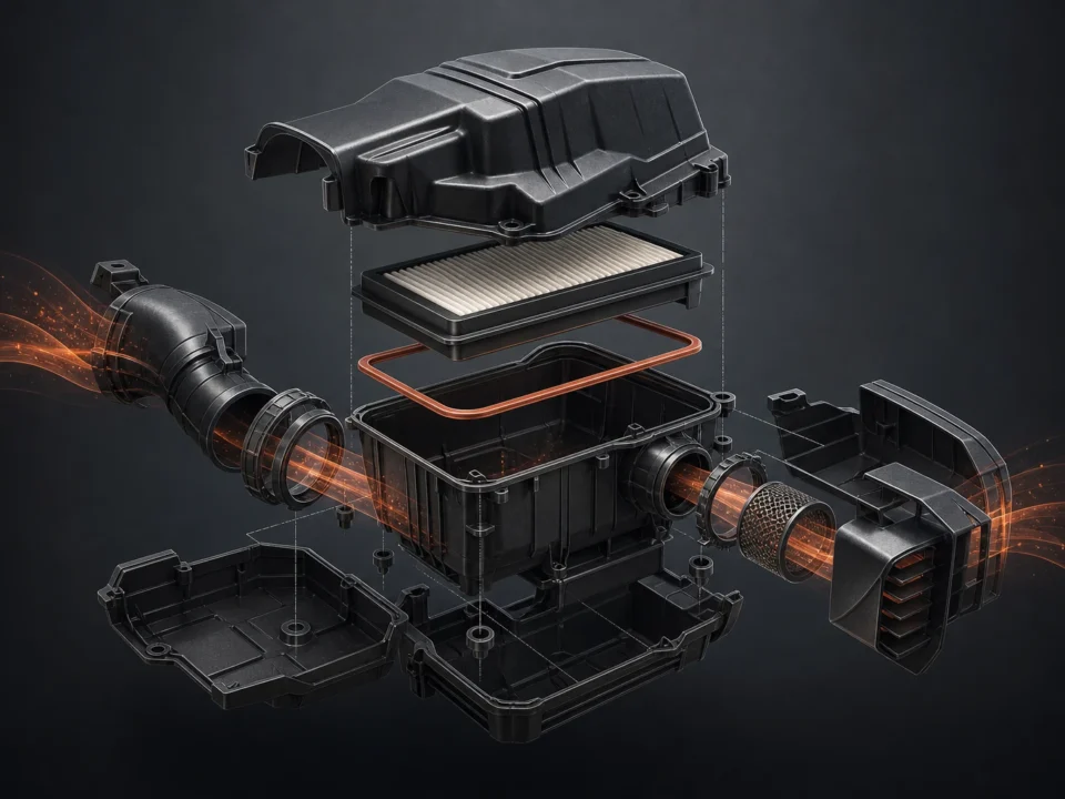 Editorial illustration of a generic automotive air-cleaner housing, filter, seal and intake duct in exploded view.