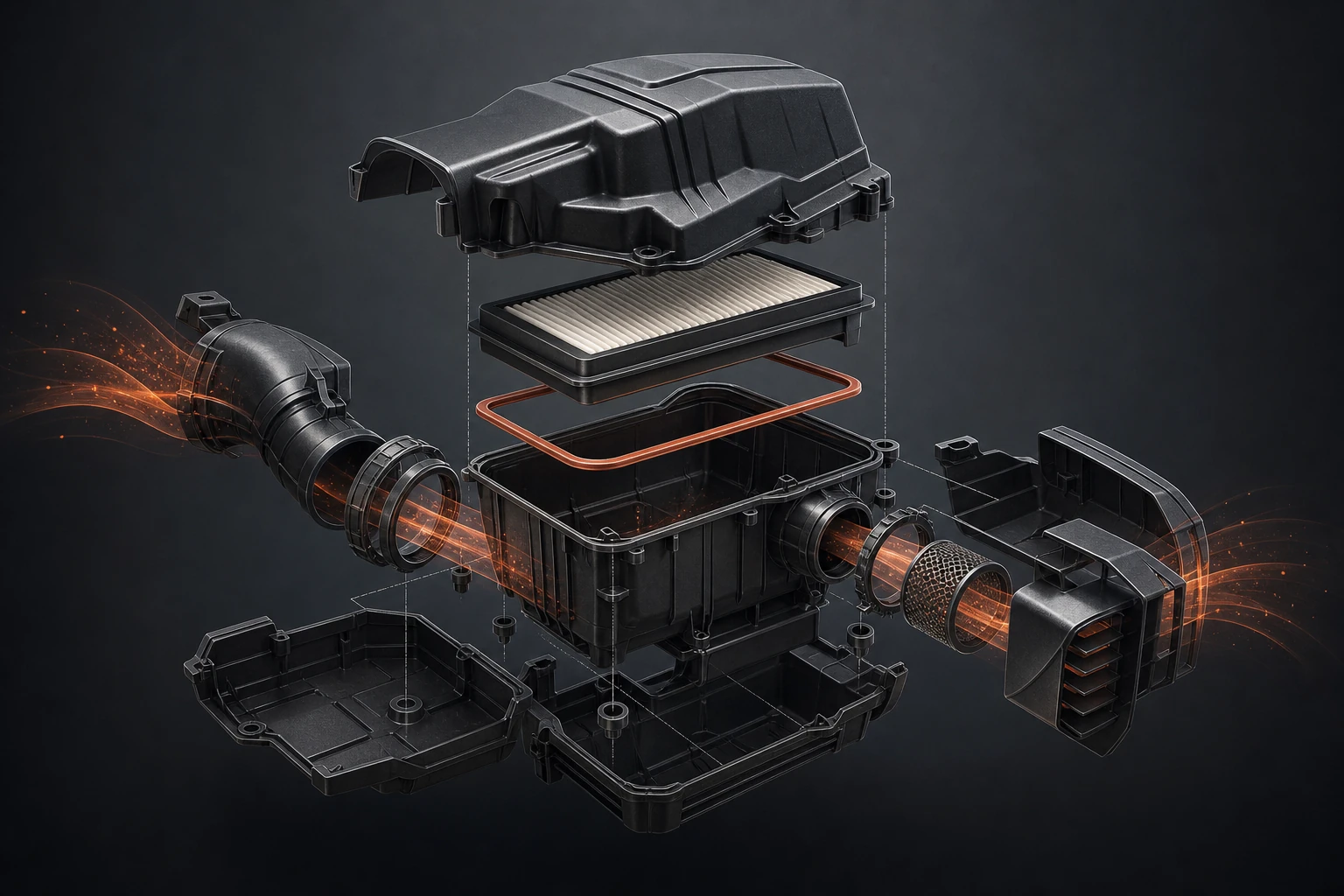 Editorial illustration of a generic automotive air-cleaner housing, filter, seal and intake duct in exploded view.
