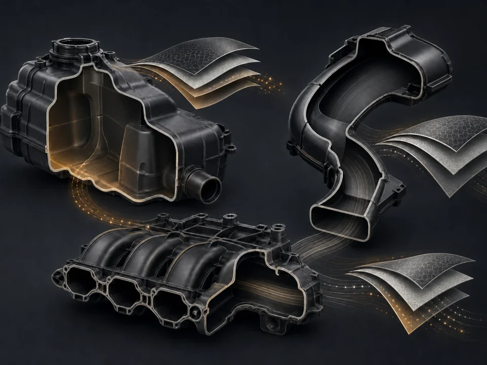 Editorial illustration of generic hollow automotive tank, duct and intake components with layered cutaways.