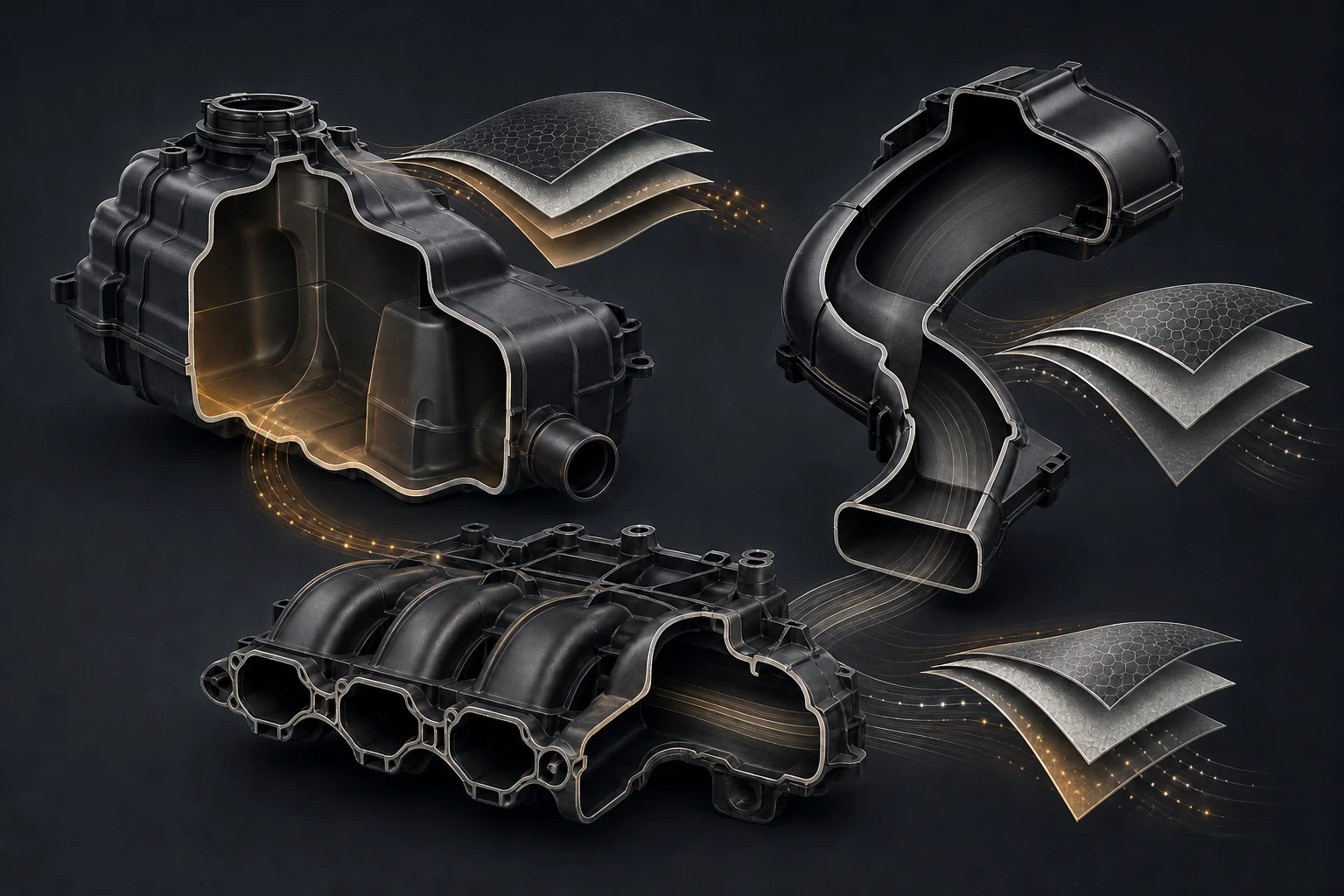 Editorial illustration of generic hollow automotive tank, duct and intake components with layered cutaways.