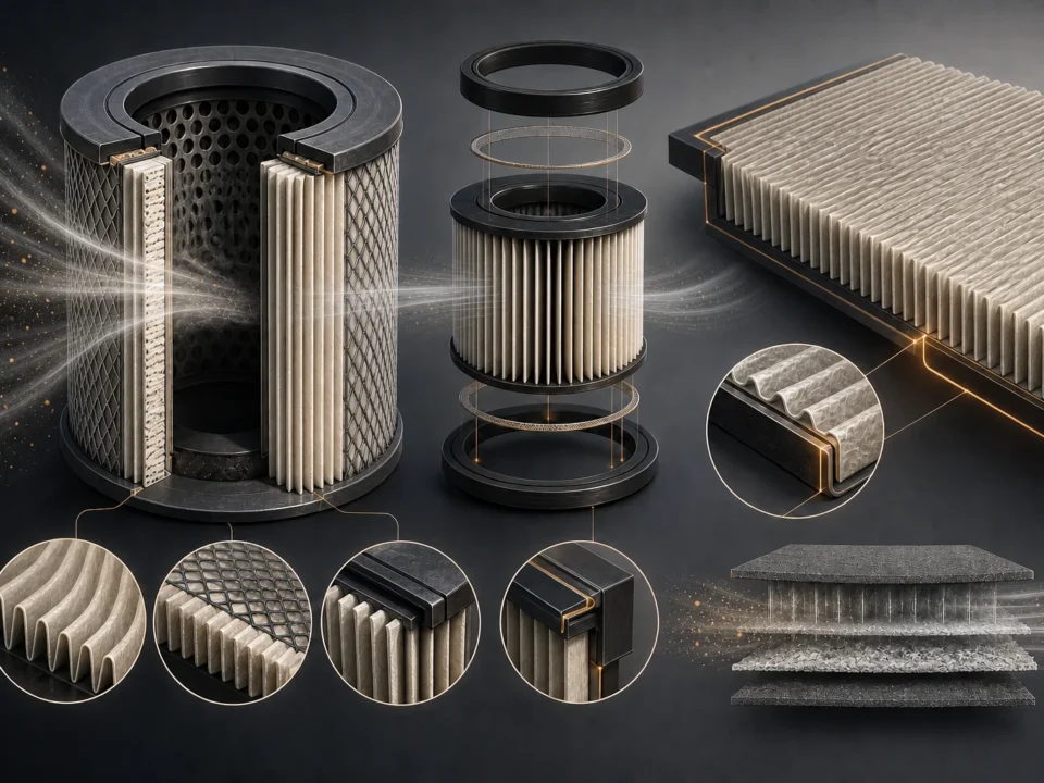 Editorial illustration of generic pleated automotive filter elements, seals and media construction details.