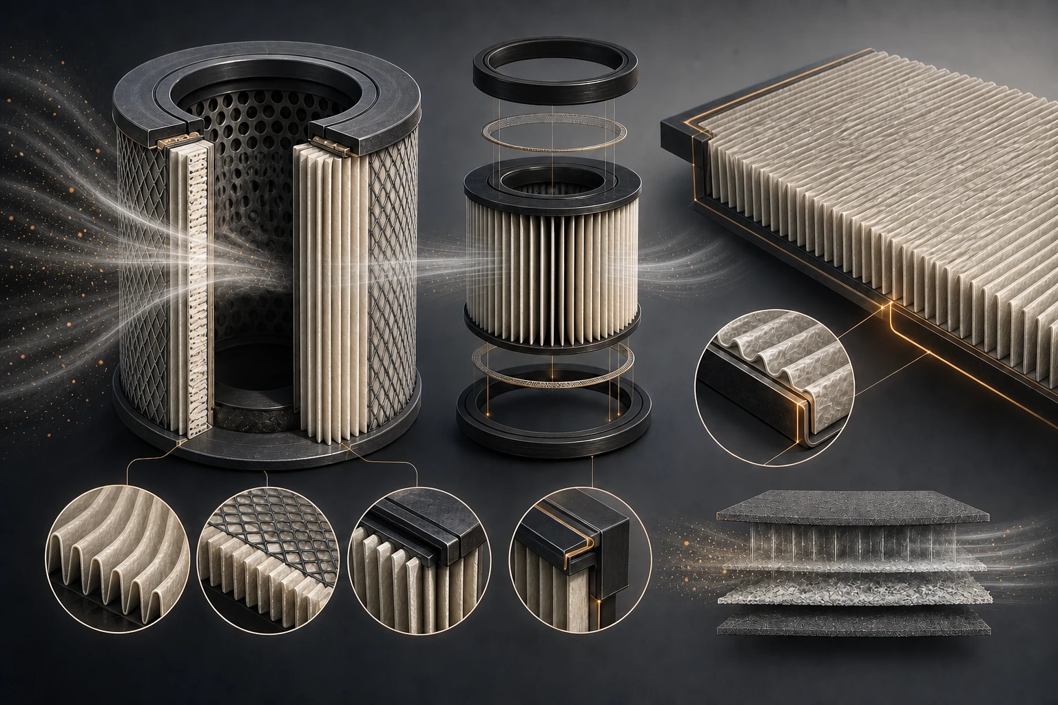 Editorial illustration of generic pleated automotive filter elements, seals and media construction details.