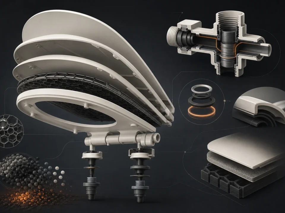 Editorial illustration of generic bathroom plastic components with seat, hinge, diverter and seal cutaways.