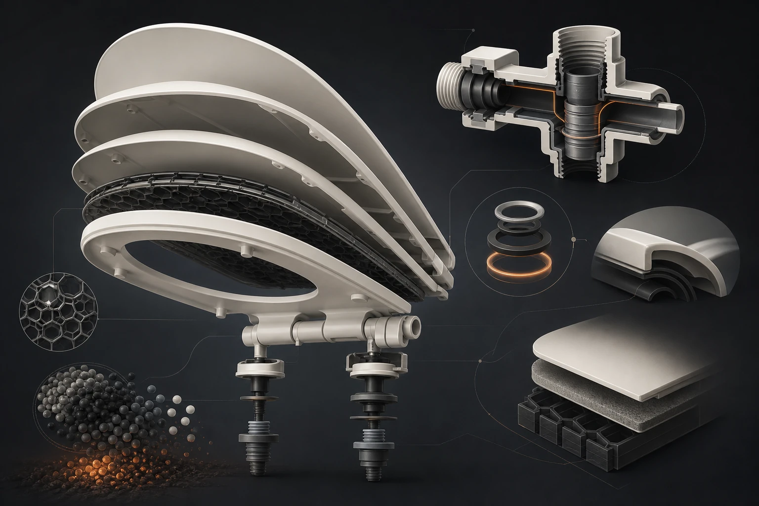 Editorial illustration of generic bathroom plastic components with seat, hinge, diverter and seal cutaways.