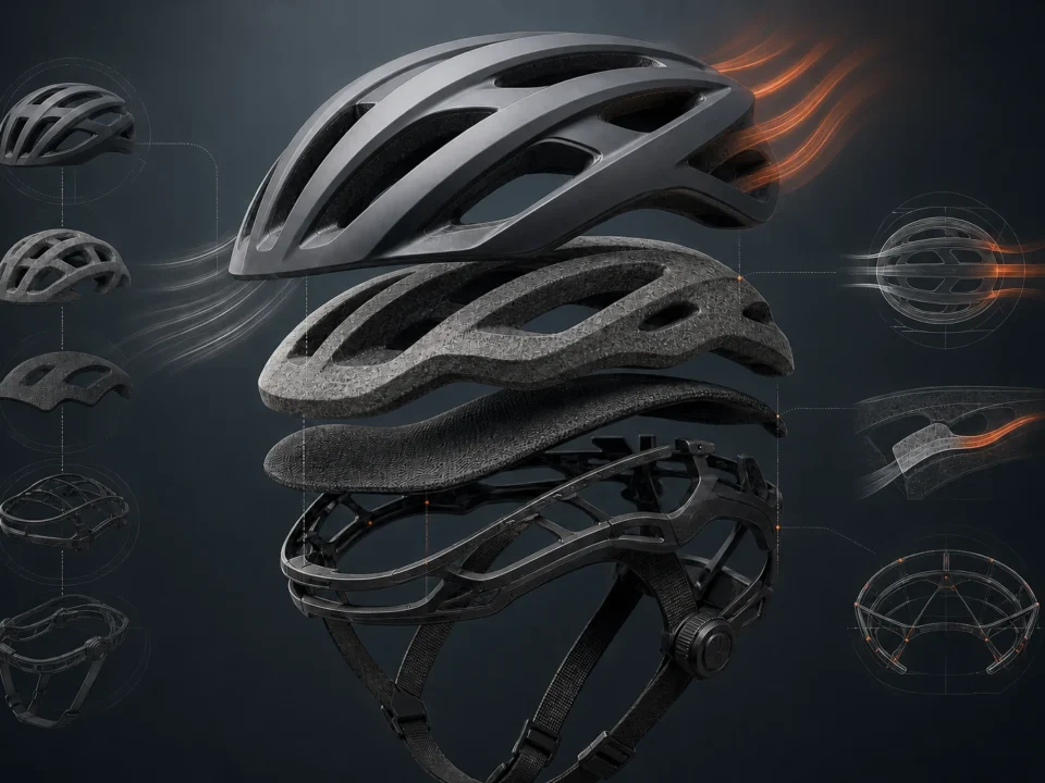 Editorial illustration of an unbranded bicycle helmet with exploded shell, liner, comfort and retention layers.