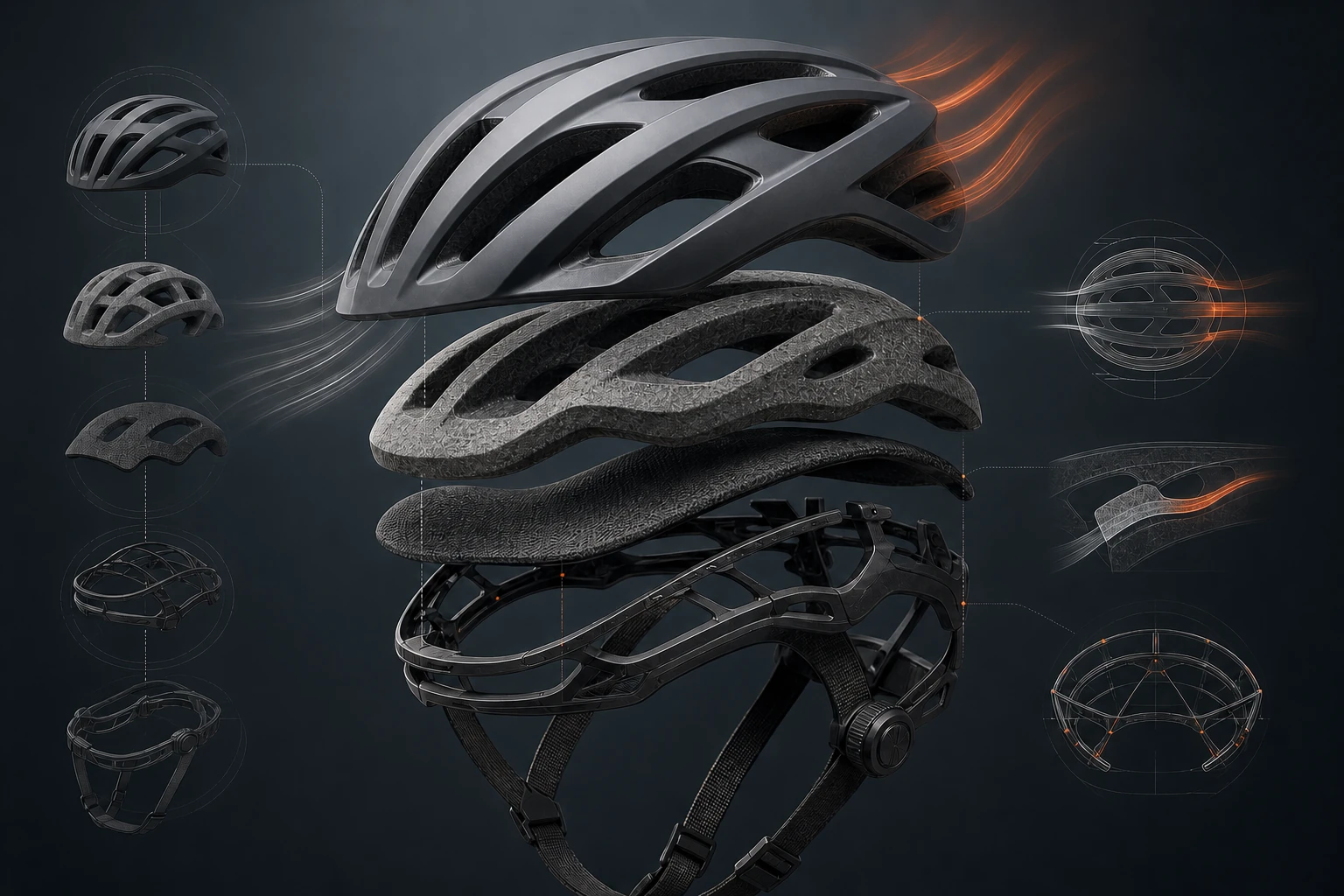 Editorial illustration of an unbranded bicycle helmet with exploded shell, liner, comfort and retention layers.