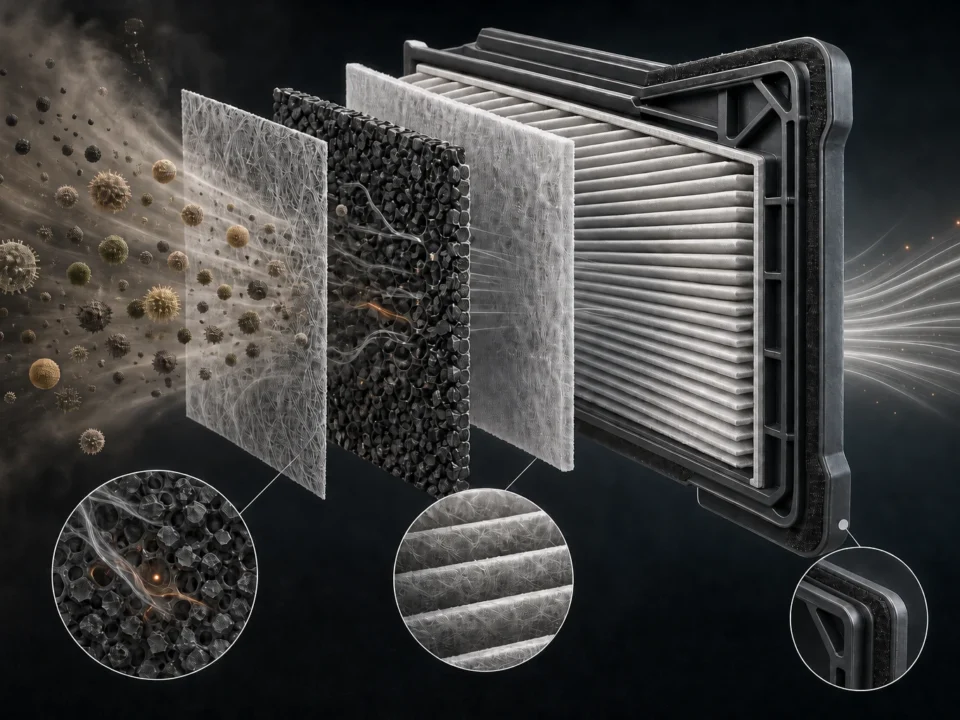 Editorial illustration of a layered cabin-air filter with pleated media, activated carbon and frame sealing.