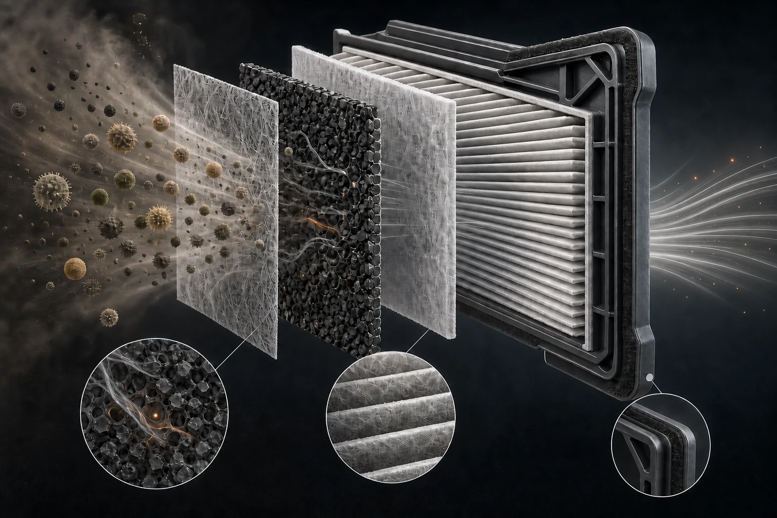 Editorial illustration of a layered cabin-air filter with pleated media, activated carbon and frame sealing.