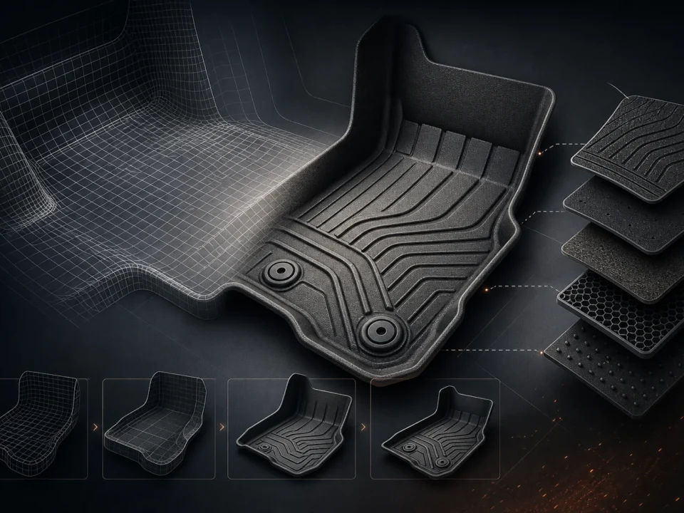 Editorial illustration of a generic fit-specific 3D car floor mat, footwell mesh and material layers.