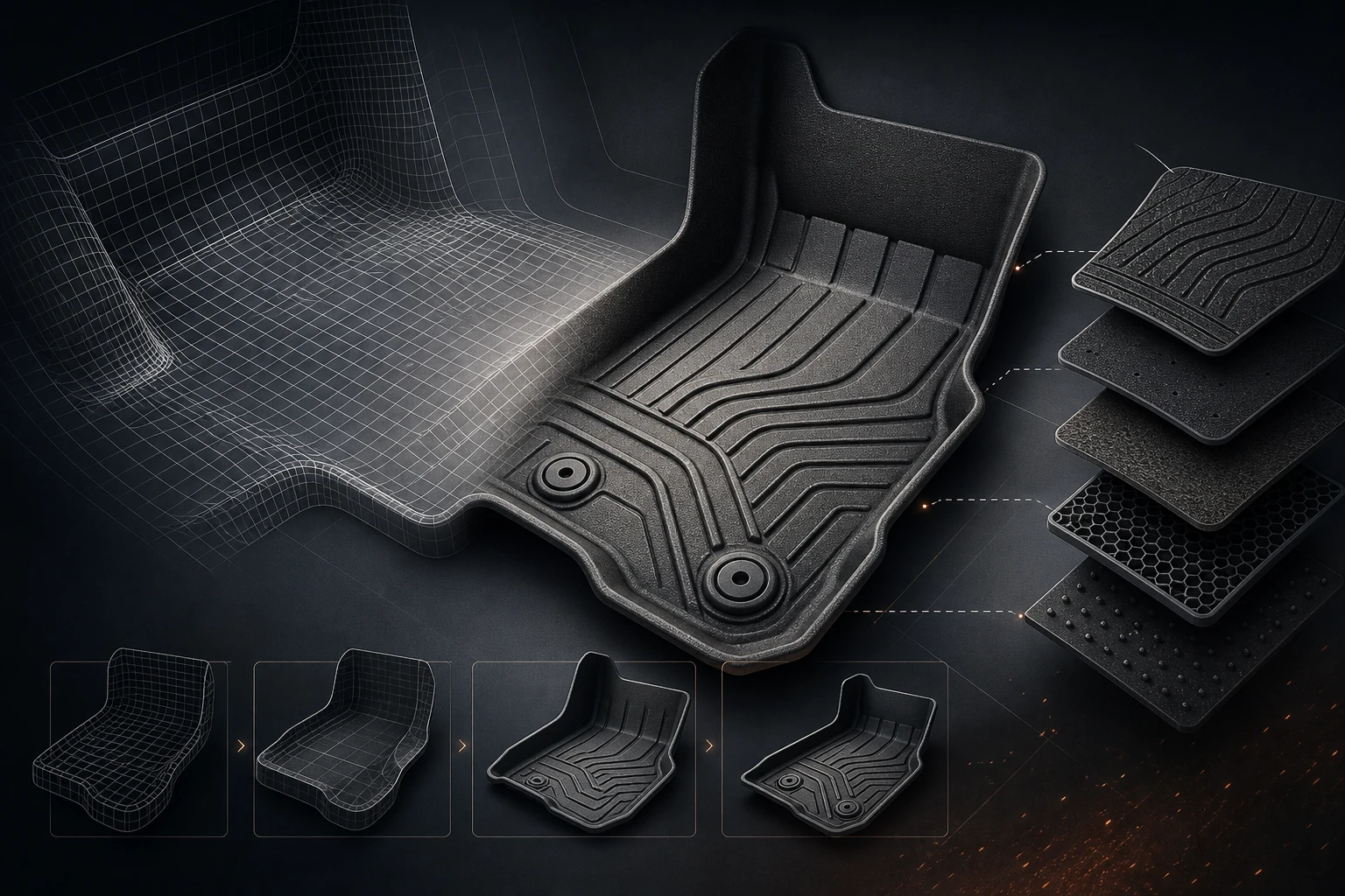Editorial illustration of a generic fit-specific 3D car floor mat, footwell mesh and material layers.