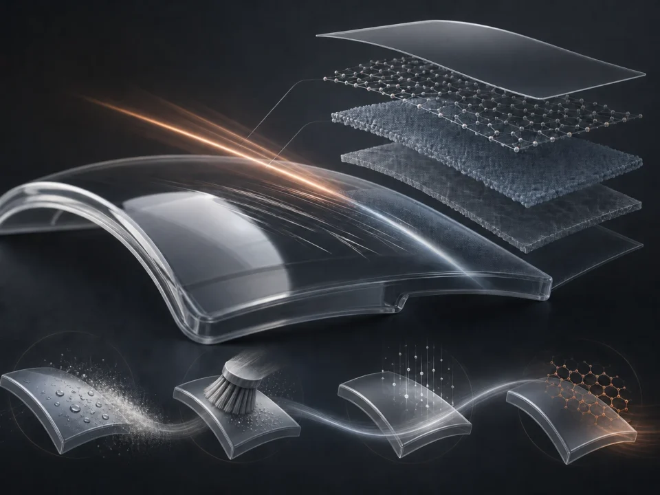 Editorial illustration of a curved transparent plastic part with exploded hard-coating layers and surface-treatment cues.
