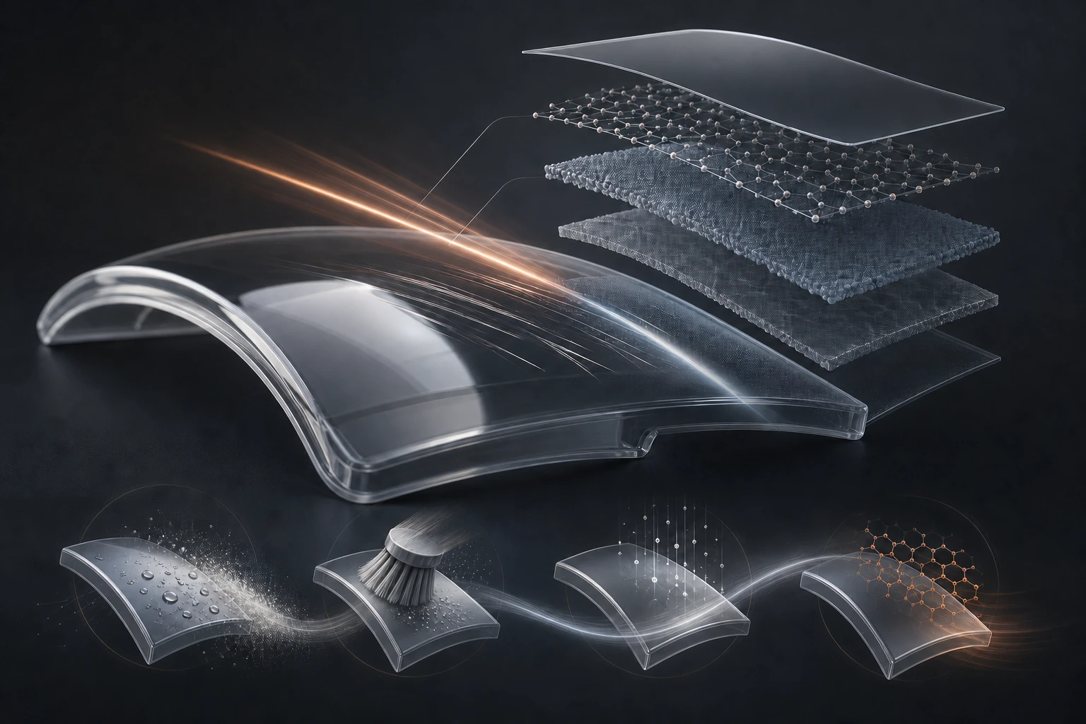 Editorial illustration of a curved transparent plastic part with exploded hard-coating layers and surface-treatment cues.