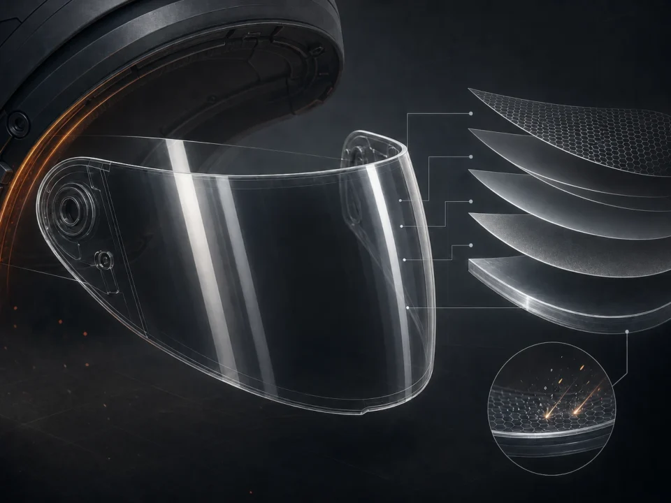 Editorial illustration of a generic motorcycle visor with exploded optical and hard-coating layers.
