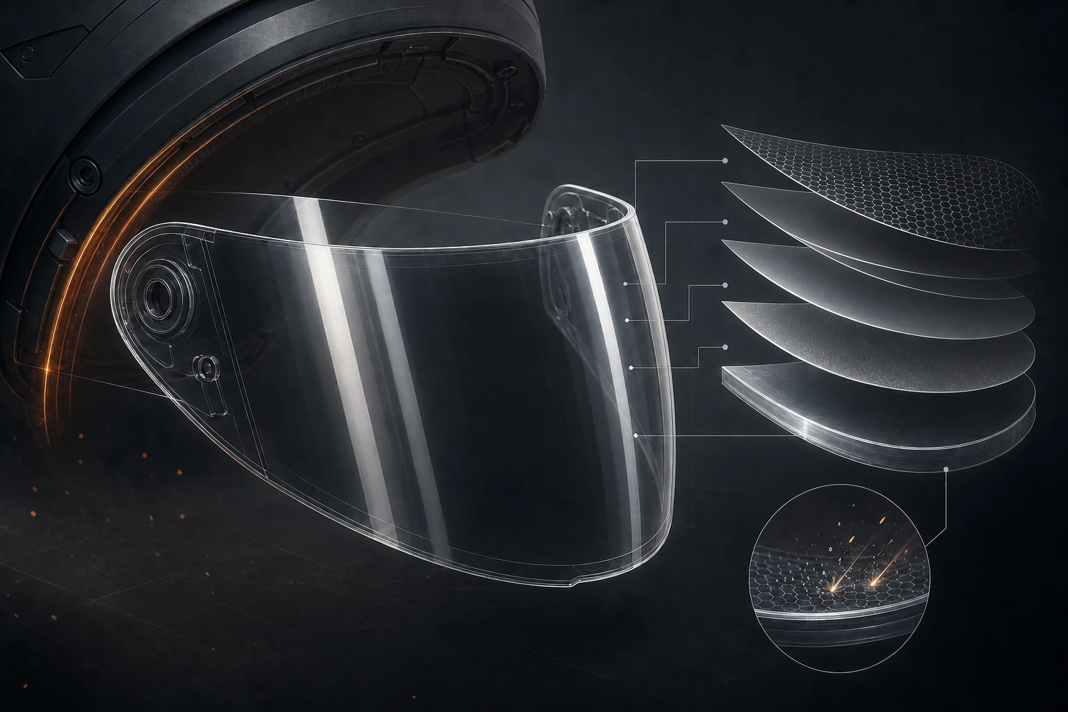 Editorial illustration of a generic motorcycle visor with exploded optical and hard-coating layers.
