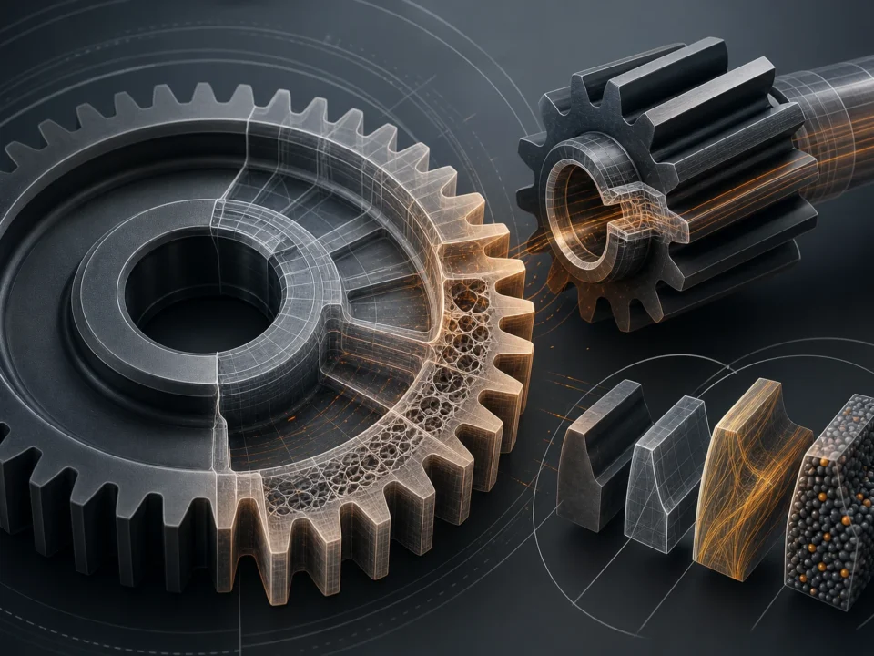 Editorial illustration of generic plastic gear and pinion geometry with material and inspection cutaways.