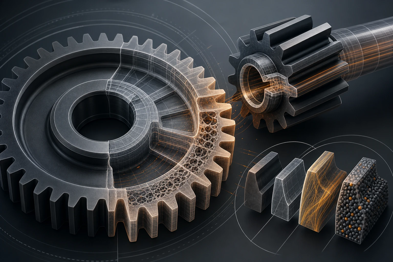 Editorial illustration of generic plastic gear and pinion geometry with material and inspection cutaways.