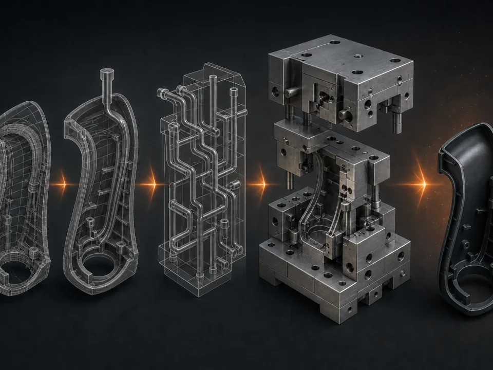 Editorial illustration of a generic injection-mould tool-development sequence from wireframe part to mould and trial component.