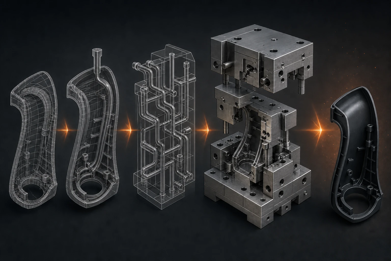 Editorial illustration of a generic injection-mould tool-development sequence from wireframe part to mould and trial component.