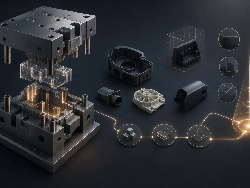 Editorial illustration of an injection mould, generic moulded component forms and inspection geometry.