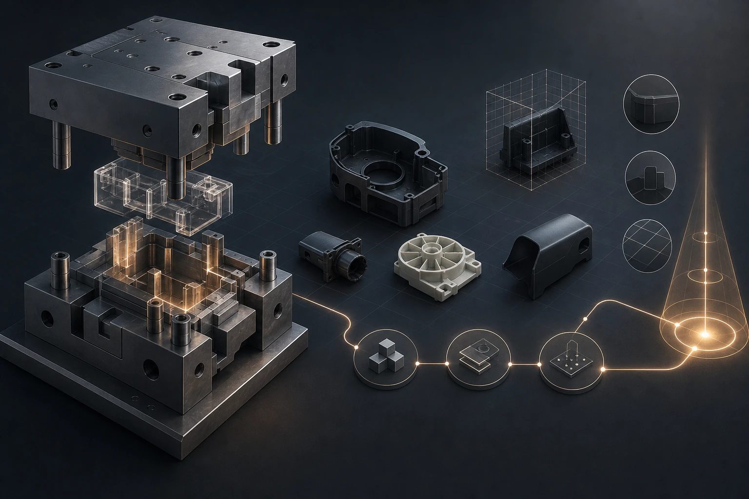 Editorial illustration of an injection mould, generic moulded component forms and inspection geometry.