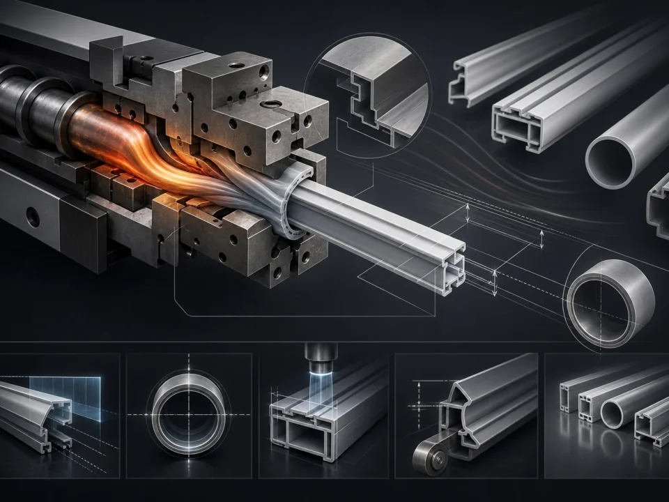 Editorial illustration of an extrusion die producing generic PVC profile and tube geometries.