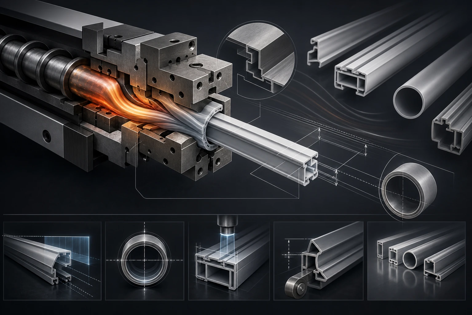 Editorial illustration of an extrusion die producing generic PVC profile and tube geometries.