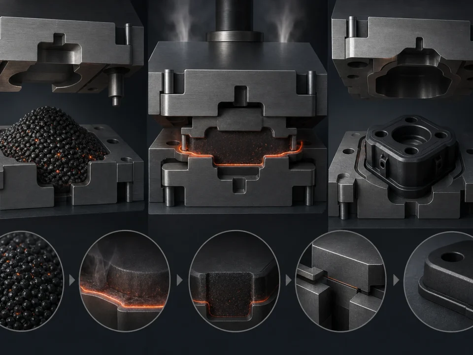 Editorial illustration of a generic thermoset compression-moulding sequence from granular charge to moulded component.