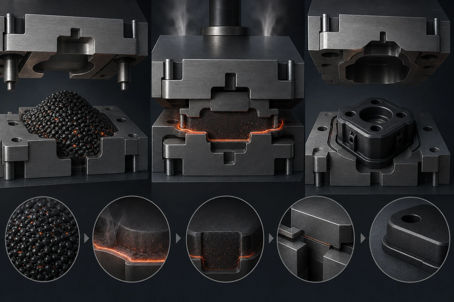 Editorial illustration of a generic thermoset compression-moulding sequence from granular charge to moulded component.