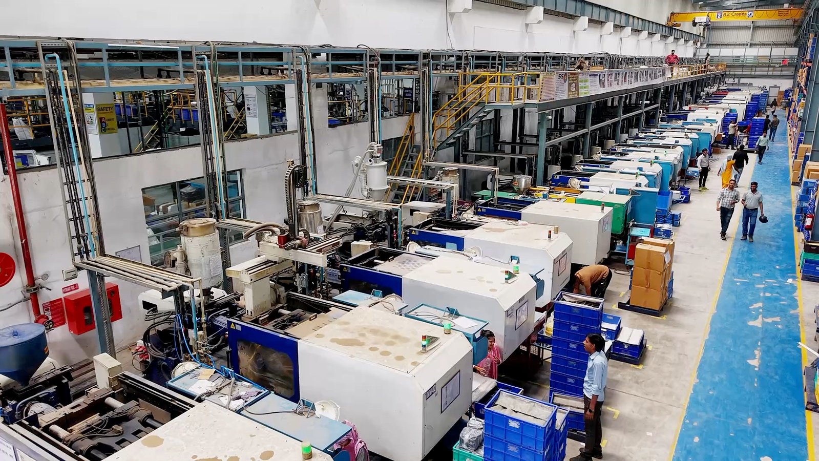 Long row of production machines inside the factory