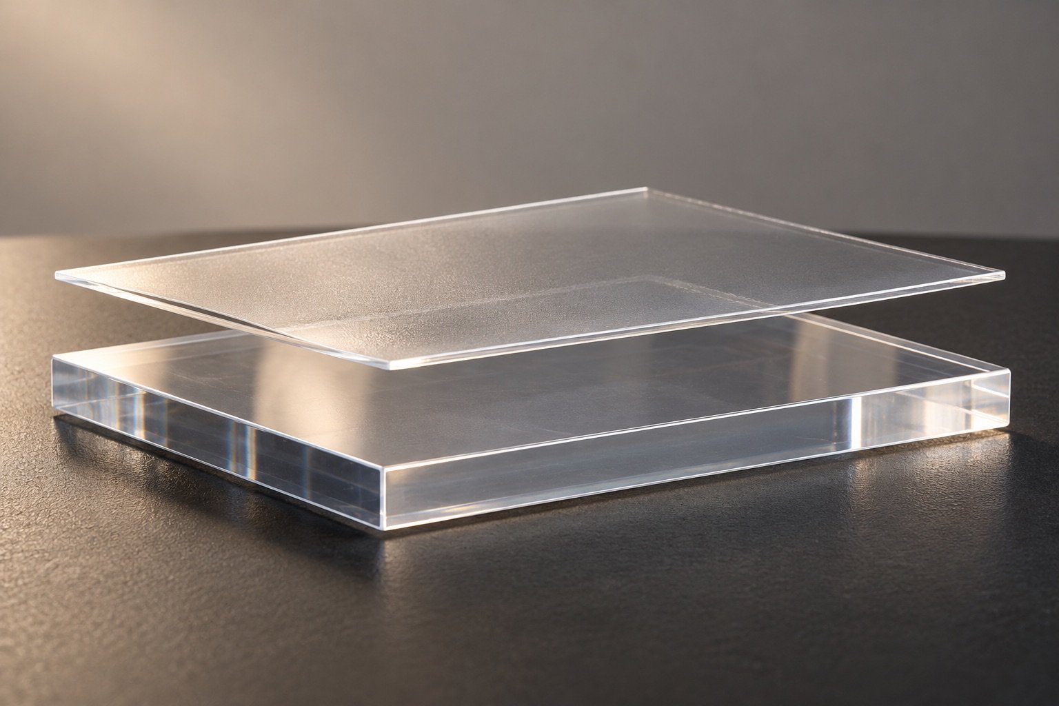 Conceptual illustration of a coating layer over a transparent polymer substrate; layer thickness is exaggerated.