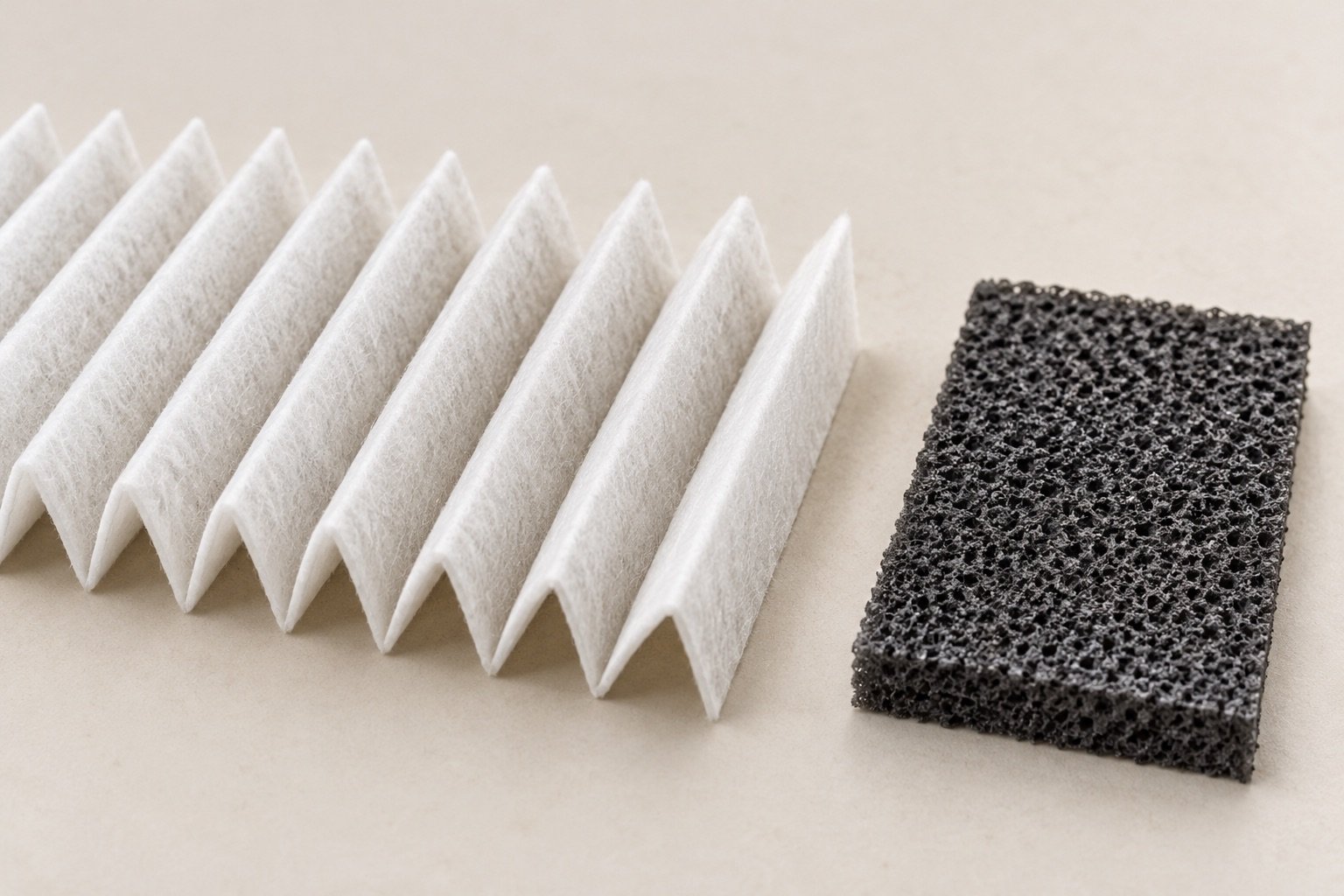 Illustrative pleated and porous filter-media samples; no filtration performance is implied.