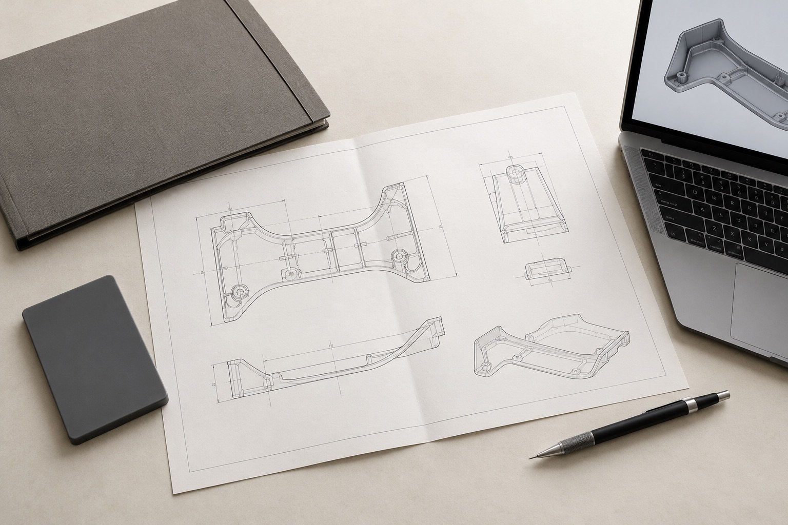 Illustrative RFQ preparation desk with a drawing, 3D model and material sample.